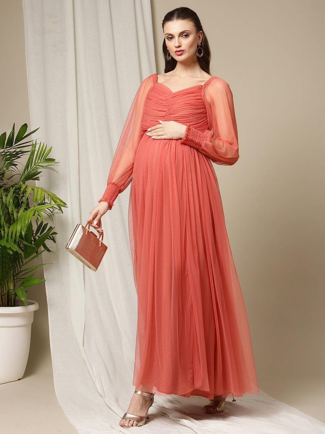 Peach Pink Off The Shoulder A-line Maxi Long Prom Dress